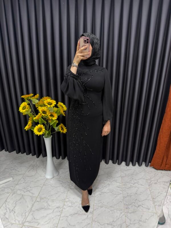 Şifon kollu önü taş işlemeli elbise