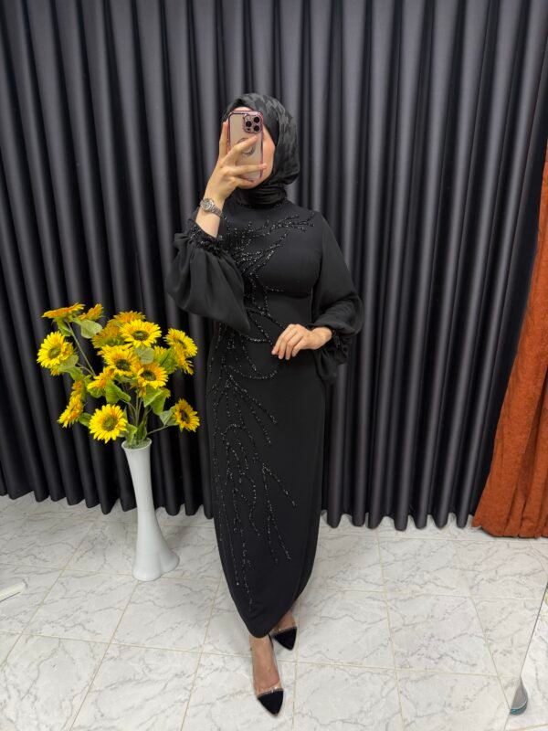 Şifon kollu önü taş işlemeli elbise