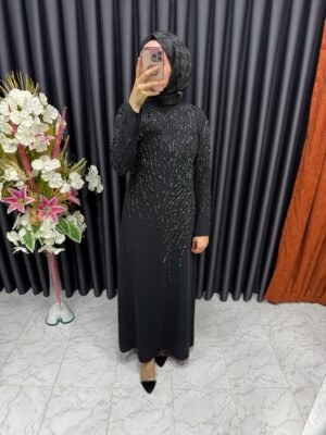 dallı silikon taş İşlemeli krep elbise