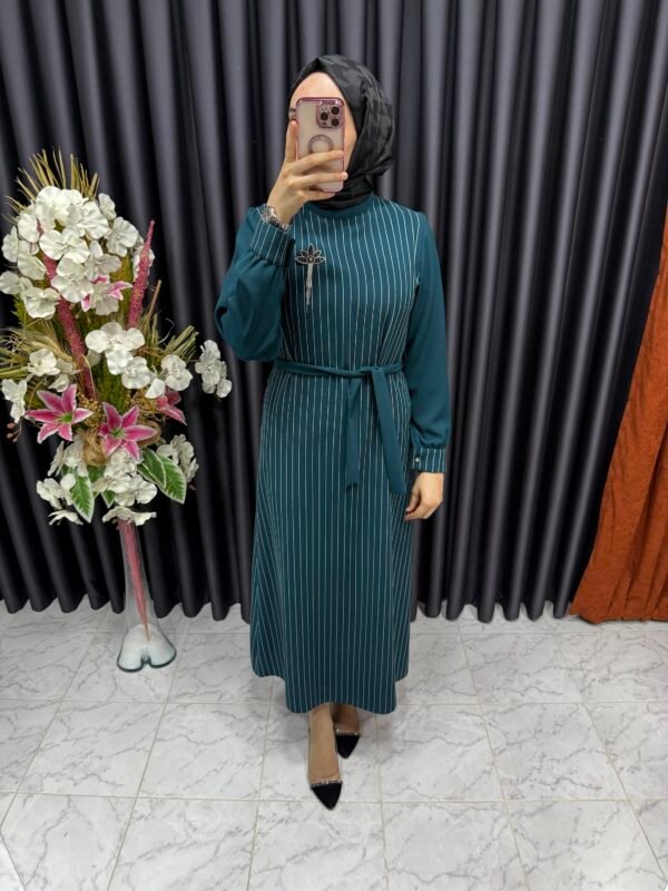 Çizgili Önü broşlu elbise