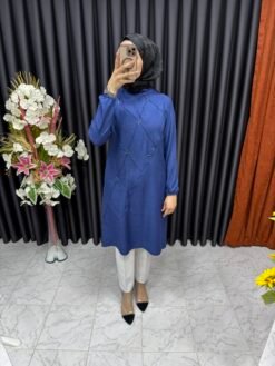 Çiçekli Boncuk İşlemeli Yazlık Tunik İndigo mavisi