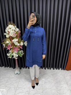 Önü Düğme Detaylı Işıltılı Yazlık Tunik İndigo mavisi