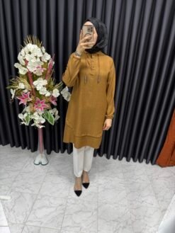 Önü Düğme Detaylı Işıltılı Yazlık Tunik Sarı