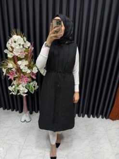 Kapitone Kumaş Beli Büzdürmeli Yelek Siyah