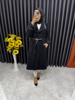 Düğmeli Deri Detaylı Angora Kaban Lacivert