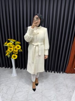 Angora Kumaş Balon Kol Kaban Beyaz