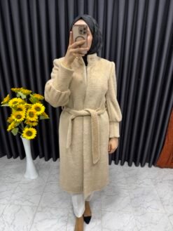 Angora Kumaş Balon Kol Kaban Bej