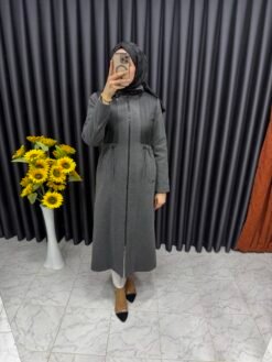 Şişme Detaylı Fermuarlı Kaşe Kaban Gri