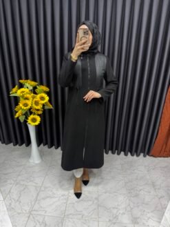 Şişme Detaylı Fermuarlı Kaşe Kaban Siyah