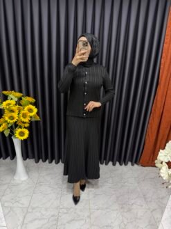 Triko Düğmeli Etekli Takım Siyah