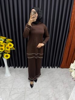 Kol ve Paçaları Çizgi Detaylı Triko Takım Kahverengi