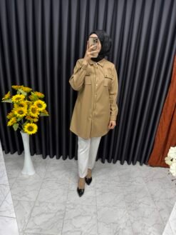 Deri Çıtçıtlı Gömlek Bej