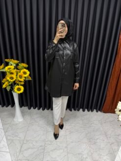 Deri Çıtçıtlı Gömlek Siyah