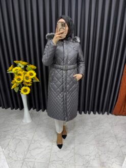 Beli Kemerli Şişme Mont Gri