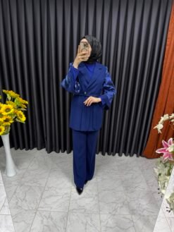 Yapraklı Tül Detaylı Takım Saks Mavisi