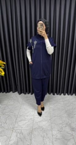 Yelekli Yıldızlı Taş Detaylı Şalvar Takım İndigo Mavisi