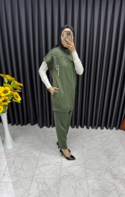 Yelekli Yıldızlı Taş Detaylı Şalvar Takım Haki Yeşili