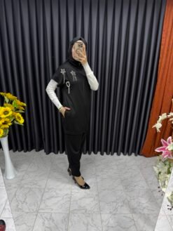 Yelekli Yıldızlı Taş Detaylı Şalvar Takım Siyah