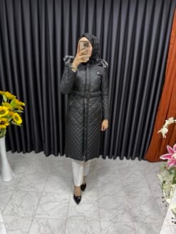 Beli Kemerli Şişme Mont Siyah