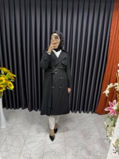 Düğmeli Kemerli Trençkot Siyah