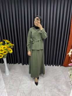Kuş Gözü Detaylı Yandan Bağlamalı Etekli Takım Haki Yeşili