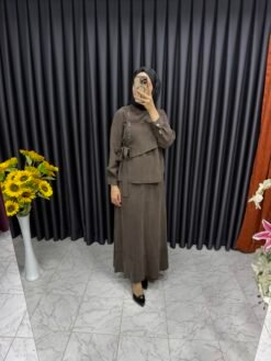 Kuş Gözü Detaylı Yandan Bağlamalı Etekli Takım Kahverengi