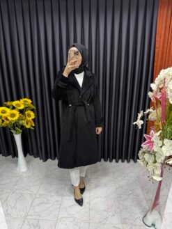 Kuşak Detaylı Kalın Kaşe Kaban Siyah