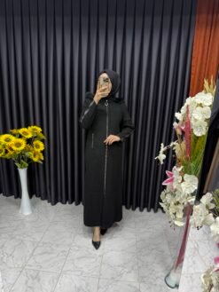 Kolu Şerit Detaylı Kapşonlu Tam Boy Kaşe Kaban Siyah