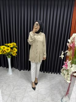 Desenli İpek Kupra Kumaş Gömlek Bej