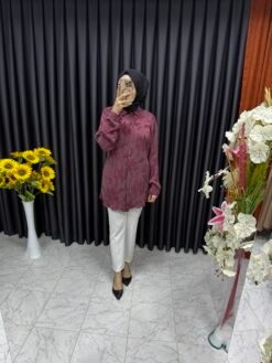 Desenli İpek Kupra Kumaş Gömlek Vişne