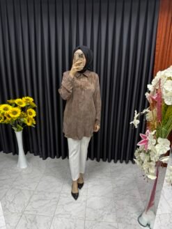 Desenli İpek Kupra Kumaş Gömlek Kahverengi