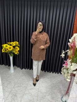 Desenli İpek Kupra Kumaş Gömlek Karamel