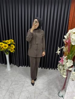 İpek Kupra Kumaş Pantolonlu Takım Kahverengi