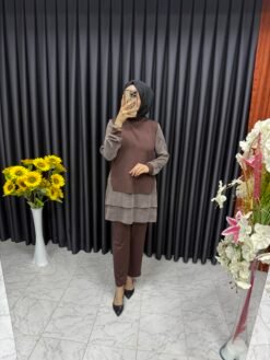 İpek Kupa Detaylı Fırfırlı Tunikli Takım Kahverengi