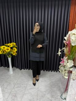 İpek Kupa Detaylı Fırfırlı Tunikli Takım Siyah