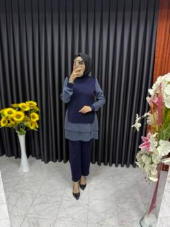 İpek Kupa Detaylı Fırfırlı Tunikli Takım Lacivert