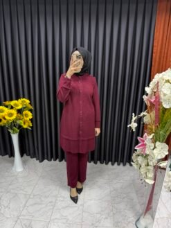 Triko Düğme Detaylı İkili Takım  Vişne