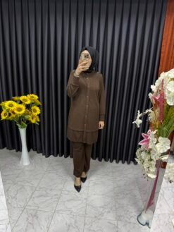 Triko Düğme Detaylı İkili Takım Kahverengi