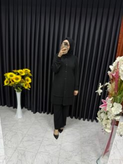 Triko Düğme Detaylı İkili Takım  Siyah