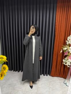 Kolu Fermuar Detaylı Tam Boy Kaşe Kaban Gri