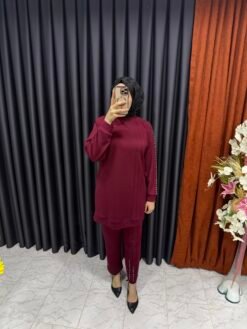 Kolu İnci Detaylı Oysho Kumaş İkili Takım Bordo