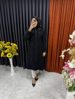 Fermuarlı Tüylü Kaşe Kumaş Kaban Lacivert