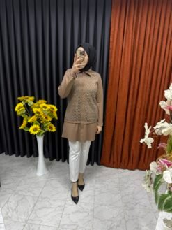 Önü Işıltılı File Örgü Detaylı Gömlek Tunik Bej