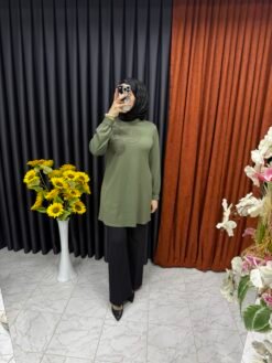 Önü Dairesel Boncuk İşlemeli Tunik Yeşil