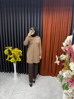 Önü Dairesel Boncuk İşlemeli Tunik Bej