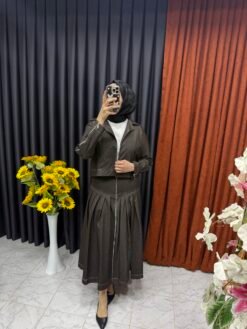 Kot Eteği Fermuar Detaylı İkili Takım Kahverengi