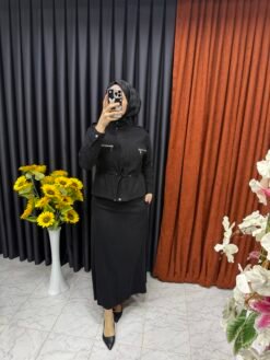 Belden Büzgülü Etekli Takım Siyah