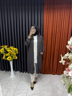 Kolları Organze Tül Detaylı Kapüşonlu Giyçık Gri