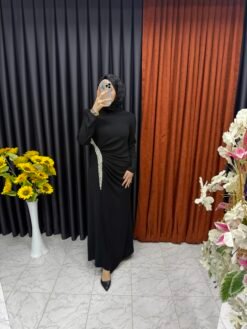 Taş İşlemeli Drape Detaylı Abiye Siyah