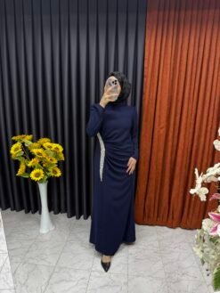 Taş İşlemeli Drape Detaylı Abiye Lacivert